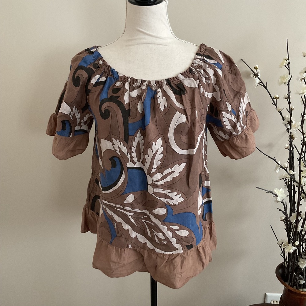 Terzo Millennio Italy Linen Peasant Blouse M Brown Abstract Print Ruffle Coastal